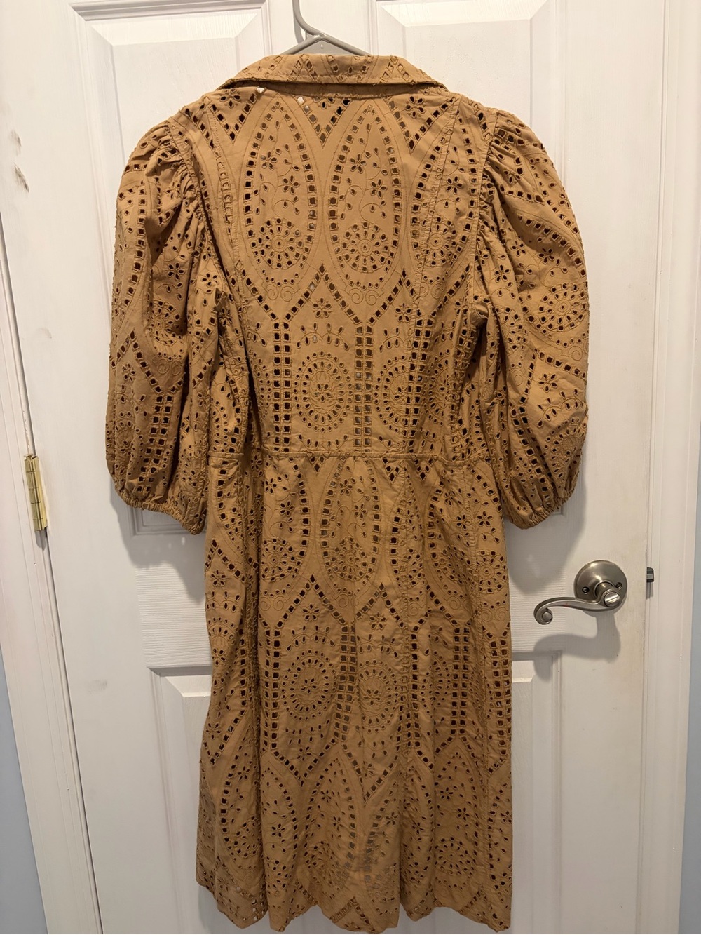Ganni Tan Eyelet Midi Dress with Puff Sleeves - Picture 4 of 5